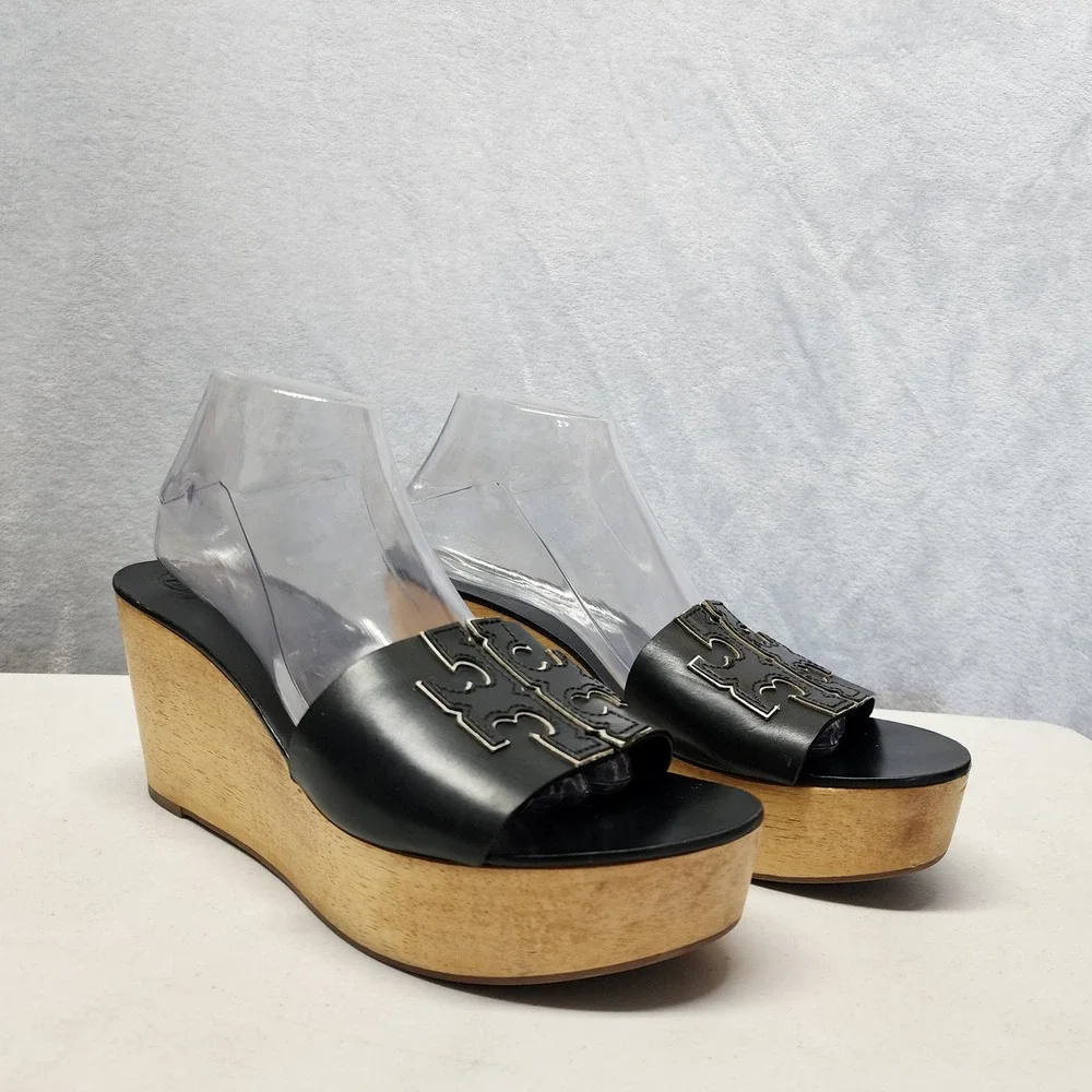 Tory Burch Ines Sandals Womens Size 9.5 Black Leather Wooden Wedge Platform
